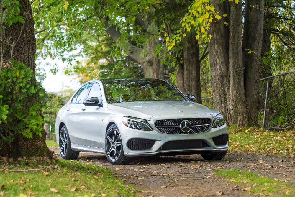 A Mercedes surrounded by nature.
