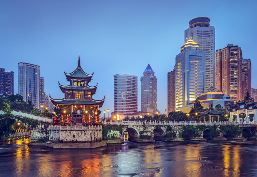 China skyline at Jiaxiu Pavilion on the Nanming River