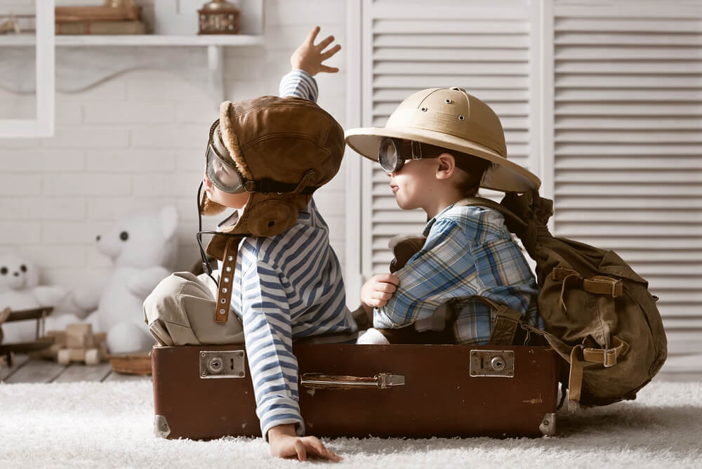 two brothers sitting in a suitcase