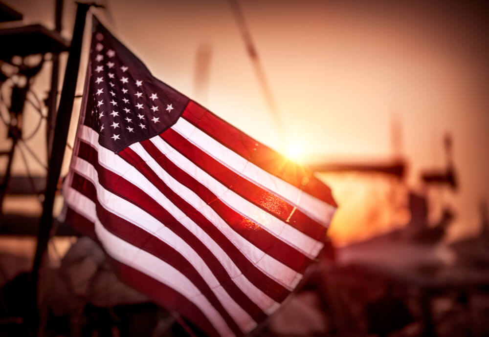 An American flag catching the light
